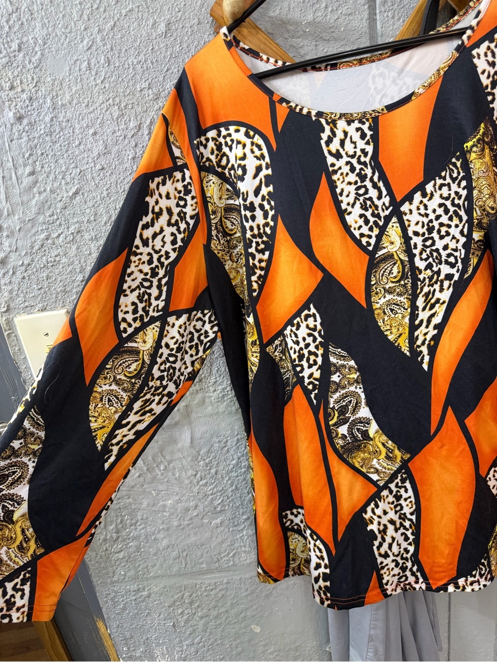 SHEIN Orange, Black & Cream Mixed Print Long Sleeve Top